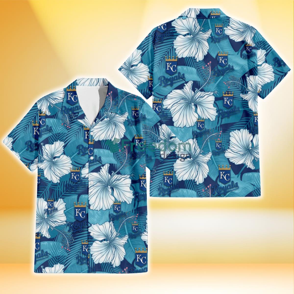 Kansas City Royals White Hibiscus Turquoise Banana Leaf Navy Background 3D Hawaiian Shirt Gift For Fans Product Photo 1