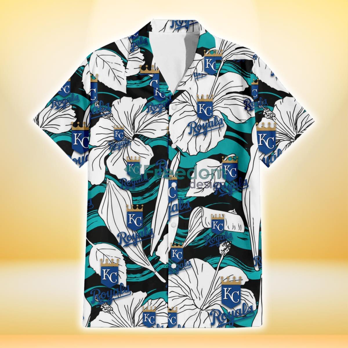 Kansas City Royals White Hibiscus Turquoise Wave Black Background 3D Hawaiian Shirt Gift For Fans Product Photo 2