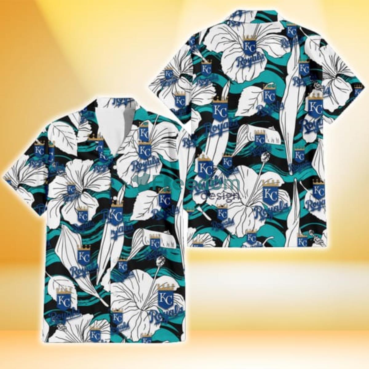 Kansas City Royals White Hibiscus Turquoise Wave Black Background 3D Hawaiian Shirt Gift For Fans Product Photo 1