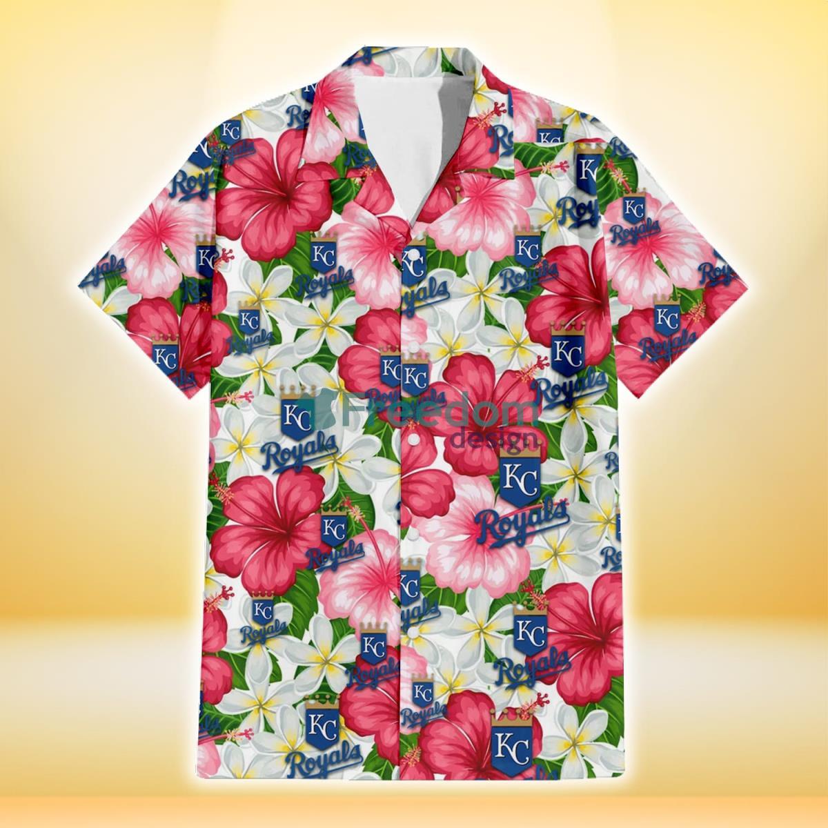 Kansas City Royals White Porcelain Flower Pink Hibiscus White Background 3D Hawaiian Shirt Gift For Fans Product Photo 2