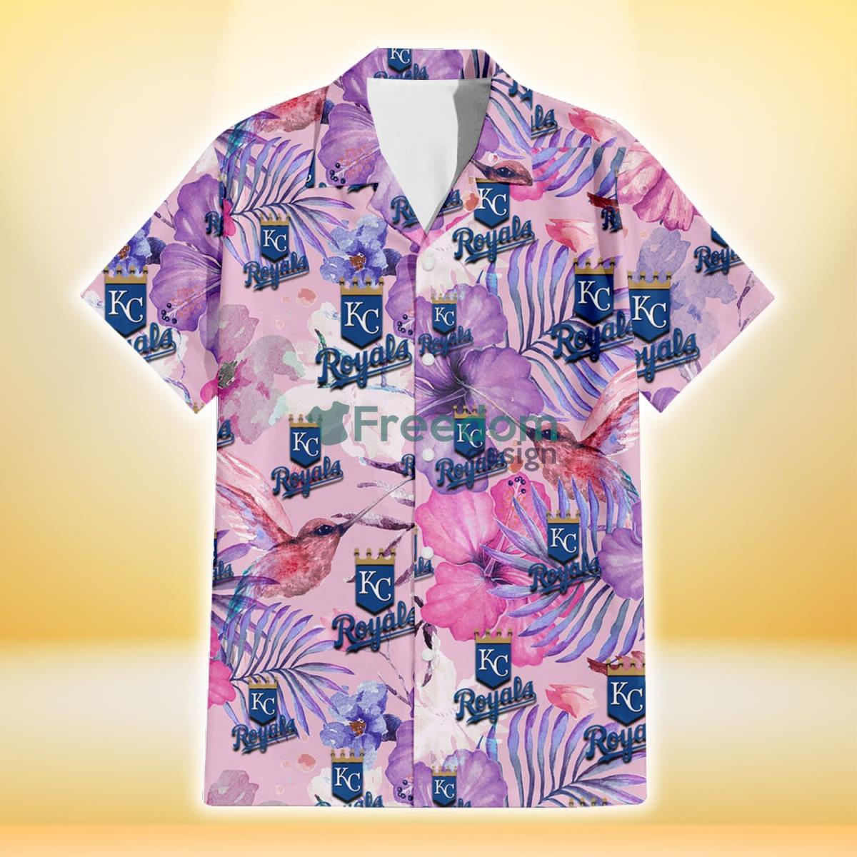 Kansas City Royals White Purple Hibiscus Pink Hummingbird Pink Background 3D Hawaiian Shirt Gift For Fans Product Photo 2