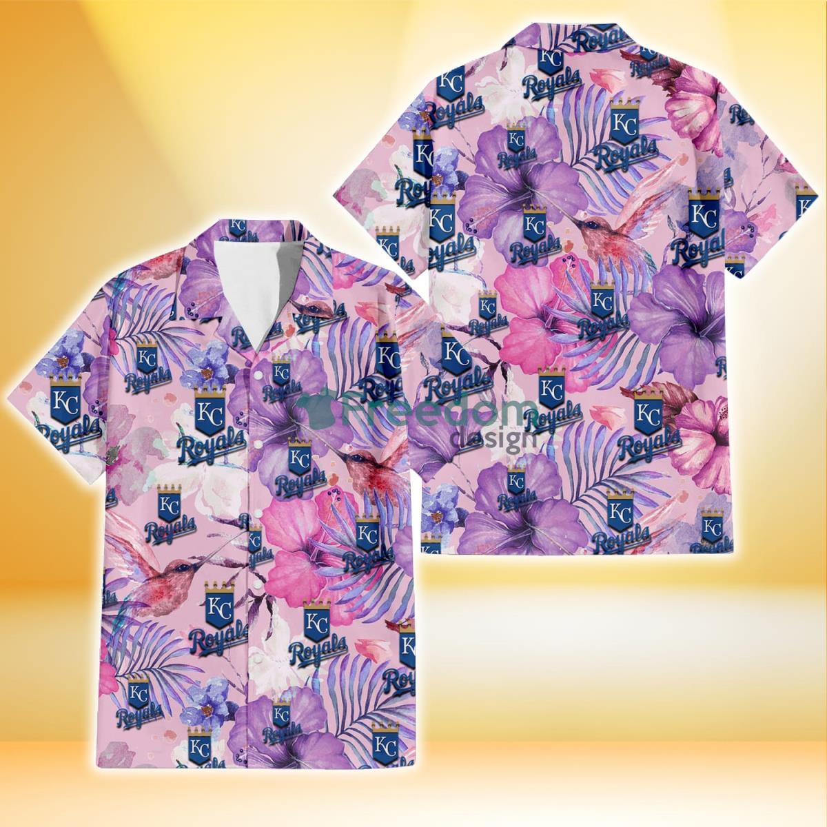 Kansas City Royals White Purple Hibiscus Pink Hummingbird Pink Background 3D Hawaiian Shirt Gift For Fans Product Photo 1