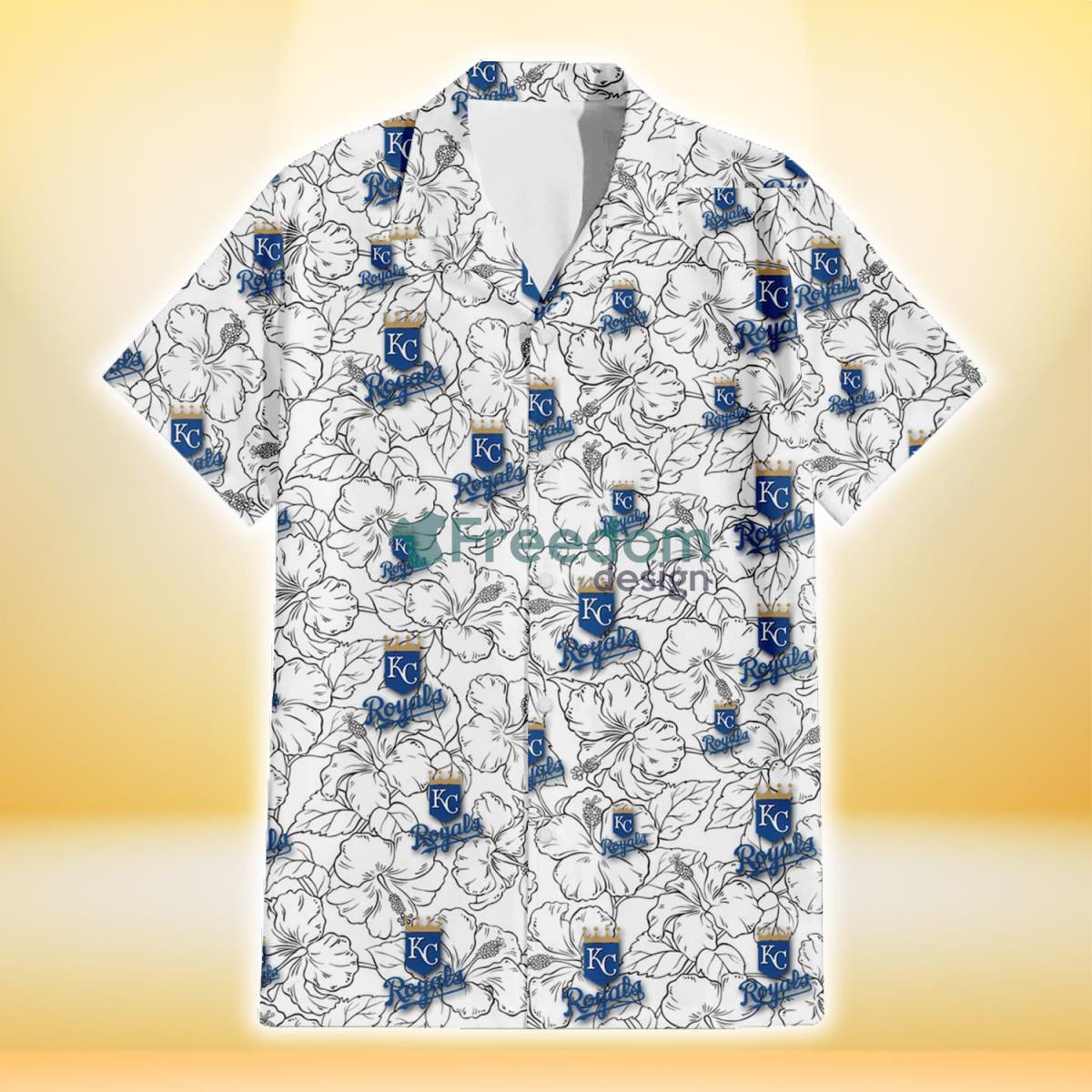 Kansas City Royals White Sketch Hibiscus Pattern White Background 3D Hawaiian Shirt Gift For Fans Product Photo 2