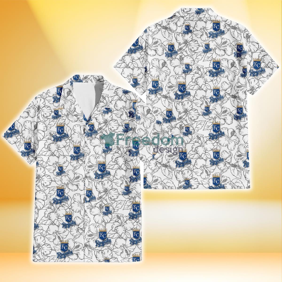 Kansas City Royals White Sketch Hibiscus Pattern White Background 3D Hawaiian Shirt Gift For Fans Product Photo 1