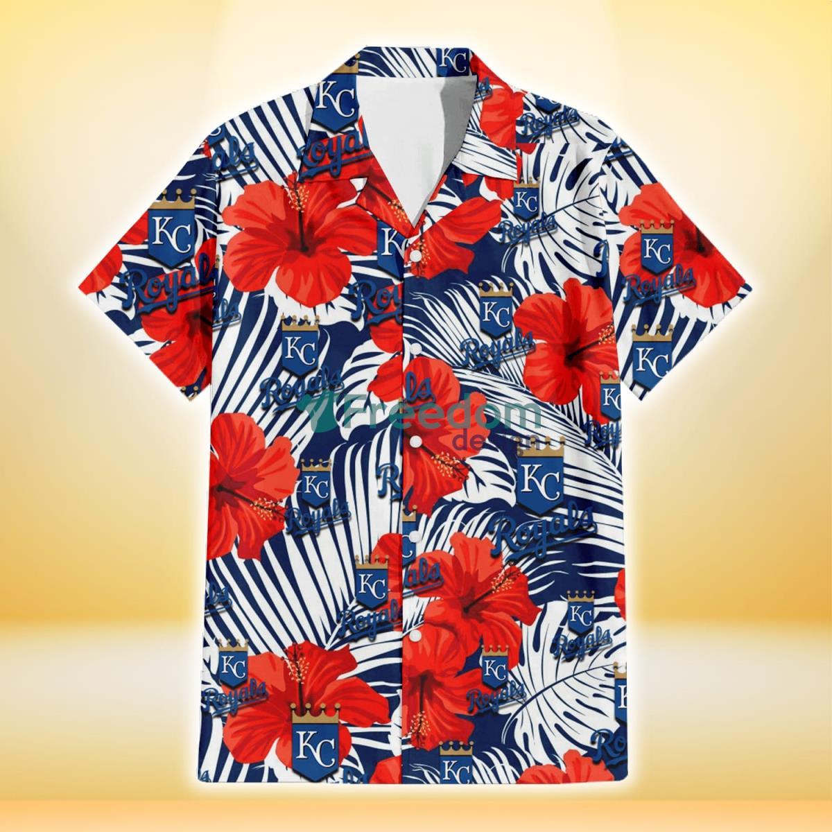 Kansas City Royals White Tropical Leaf Red Hibiscus Navy Background 3D Hawaiian Shirt Gift For Fans Product Photo 2