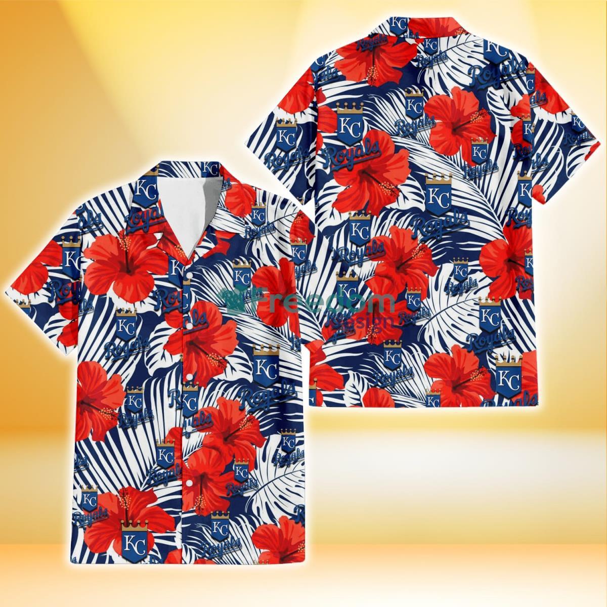 Kansas City Royals White Tropical Leaf Red Hibiscus Navy Background 3D Hawaiian Shirt Gift For Fans Product Photo 1