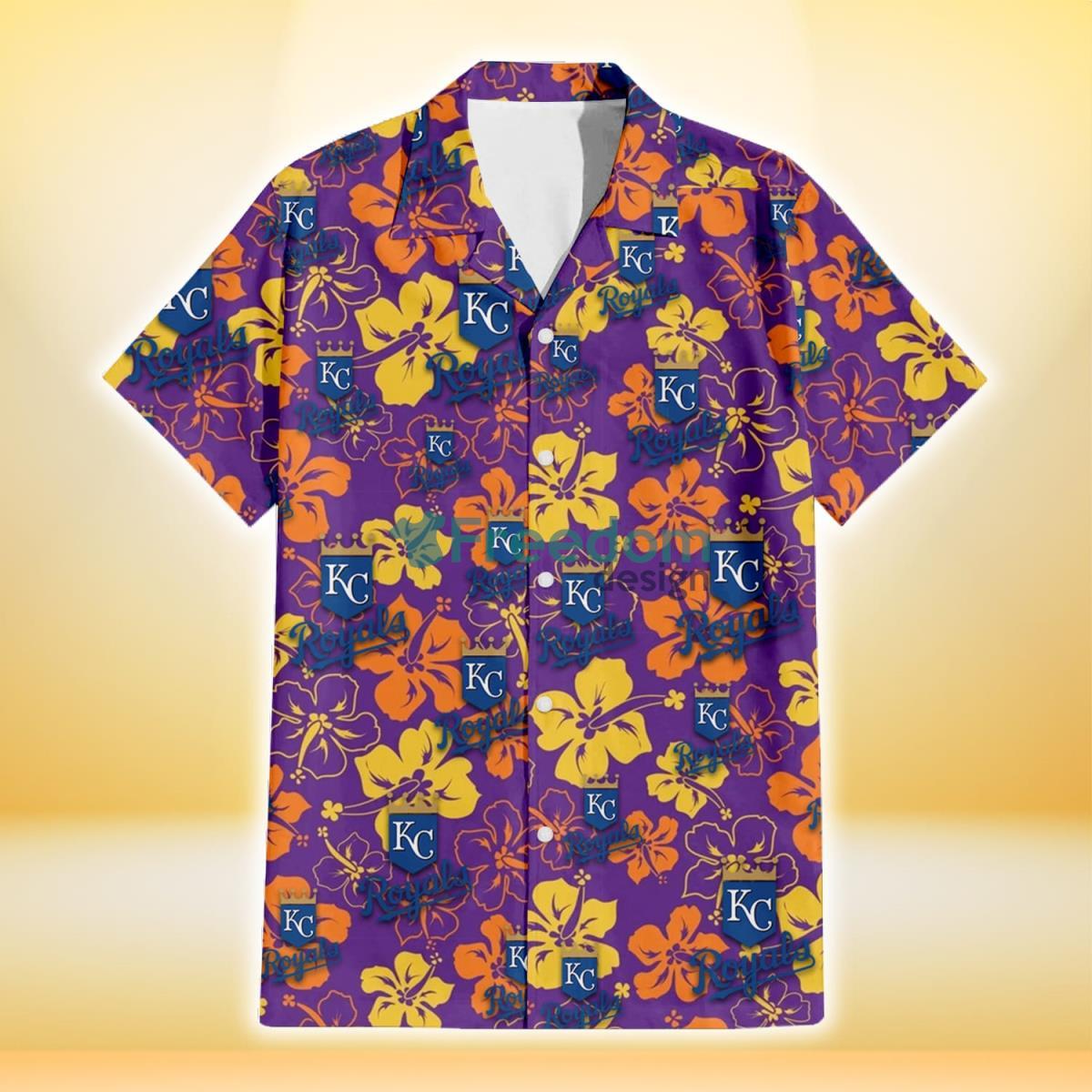 Kansas City Royals Yellow And Orange Hibiscus Purple Background 3D Hawaiian Shirt Gift For Fans Product Photo 2