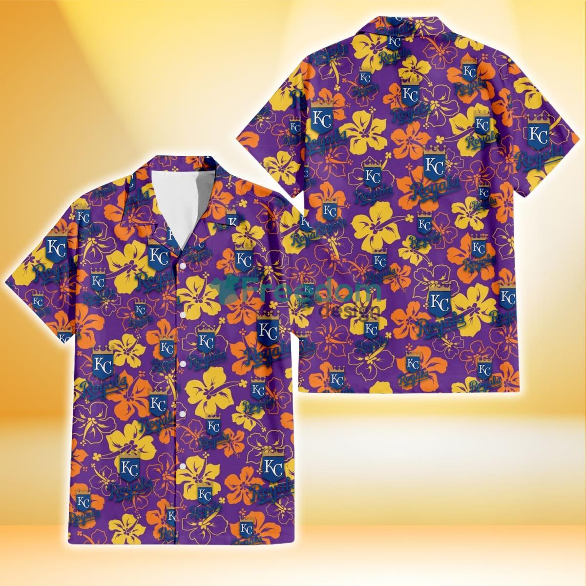 Kansas City Royals Yellow And Orange Hibiscus Purple Background 3D Hawaiian Shirt Gift For Fans Product Photo 1