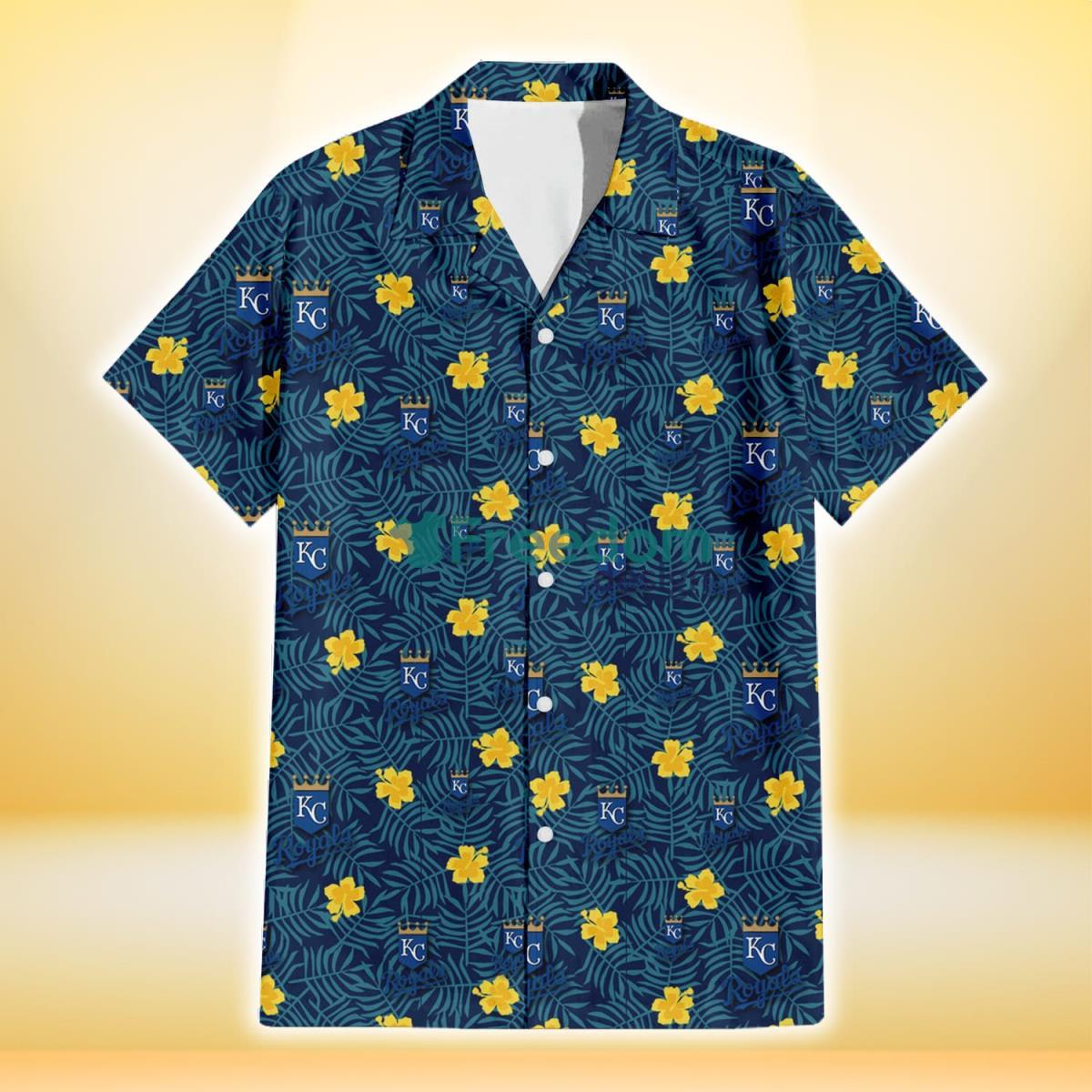 Kansas City Royals Yellow Hibiscus Cadet Blue Leaf Navy Background 3D Hawaiian Shirt Gift For Fans Product Photo 2