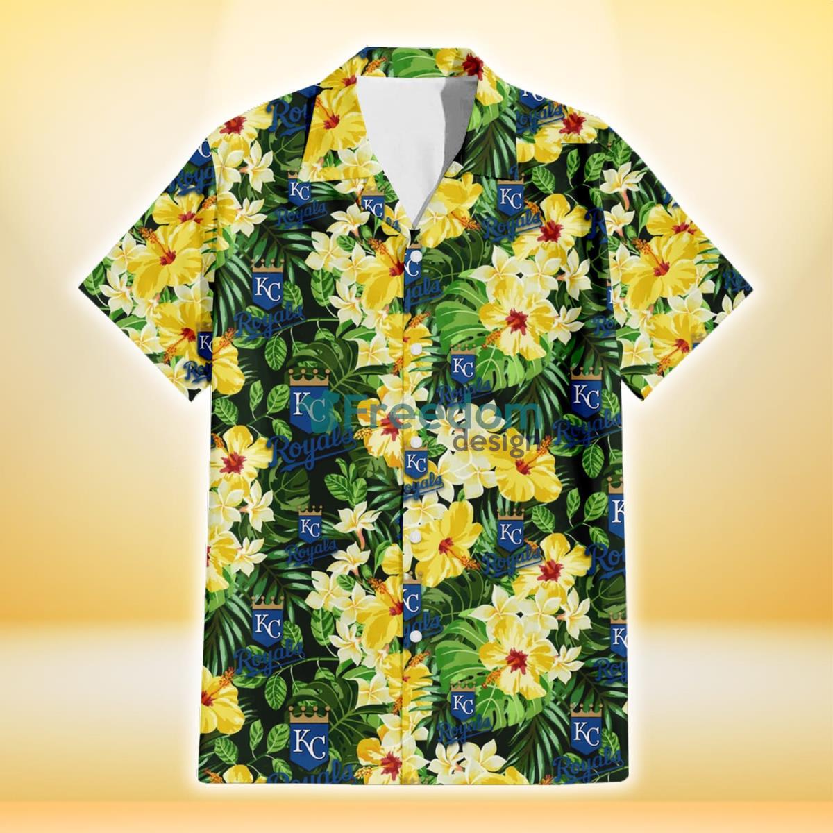 Kansas City Royals Yellow Hibiscus Tropical Green Leaf Black Background 3D Hawaiian Shirt Gift For Fans Product Photo 2