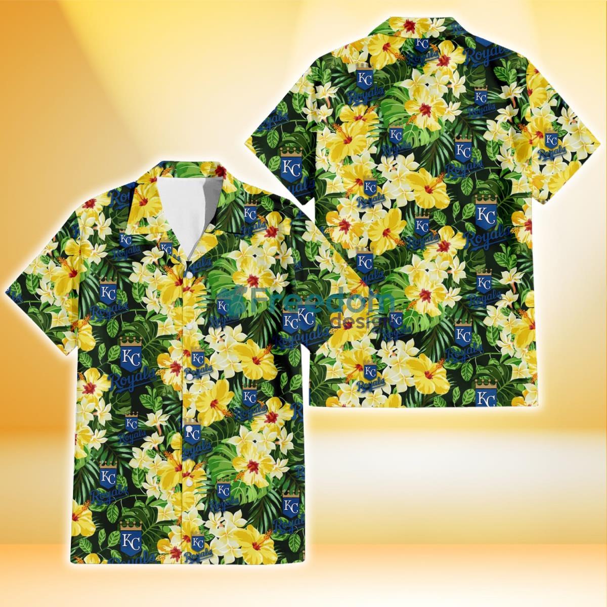 Kansas City Royals Yellow Hibiscus Tropical Green Leaf Black Background 3D Hawaiian Shirt Gift For Fans Product Photo 1