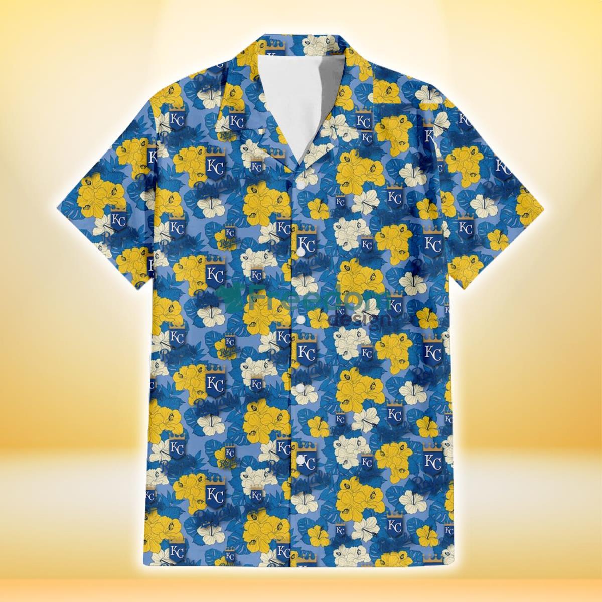 Kansas City Royals Yellow White Hibiscus Powder Blue Background 3D Hawaiian Shirt Gift For Fans Product Photo 2