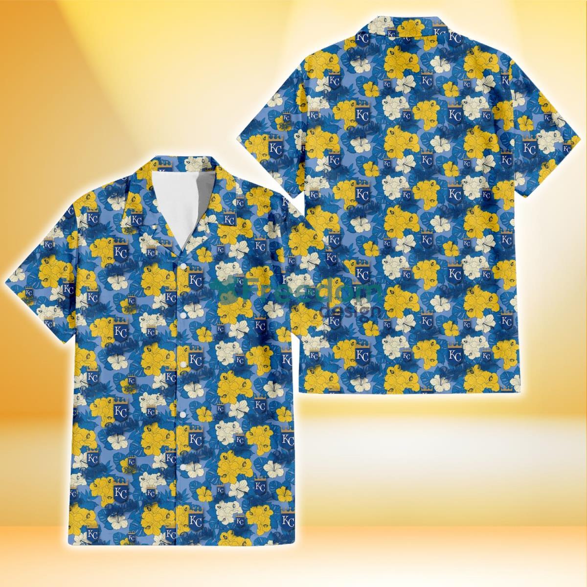 Kansas City Royals Yellow White Hibiscus Powder Blue Background 3D Hawaiian Shirt Gift For Fans Product Photo 1