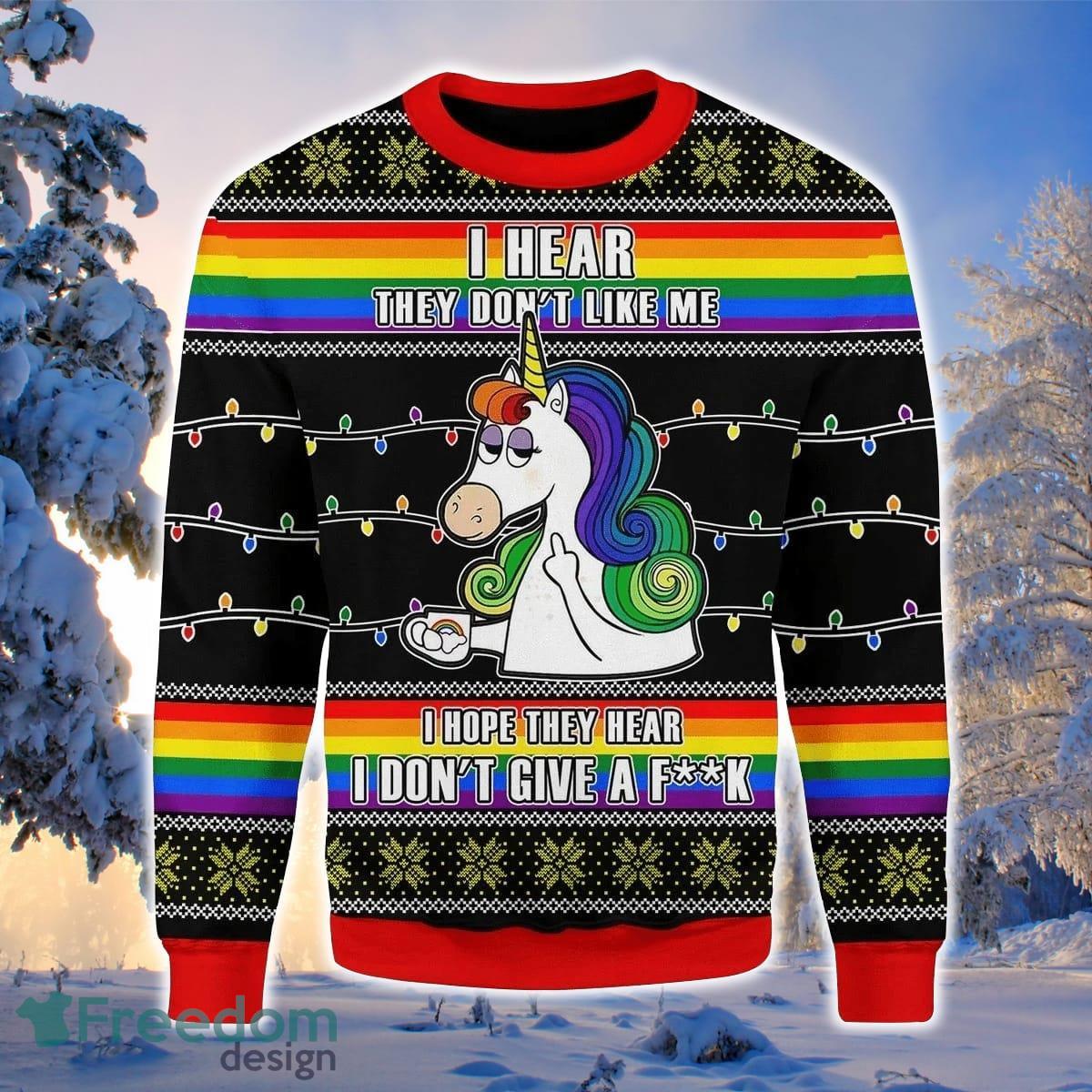 LGBT Unicorn I Don’t Give A Fk 3D Sweater Ugly Christmas Sweater For Men Women Product Photo 1