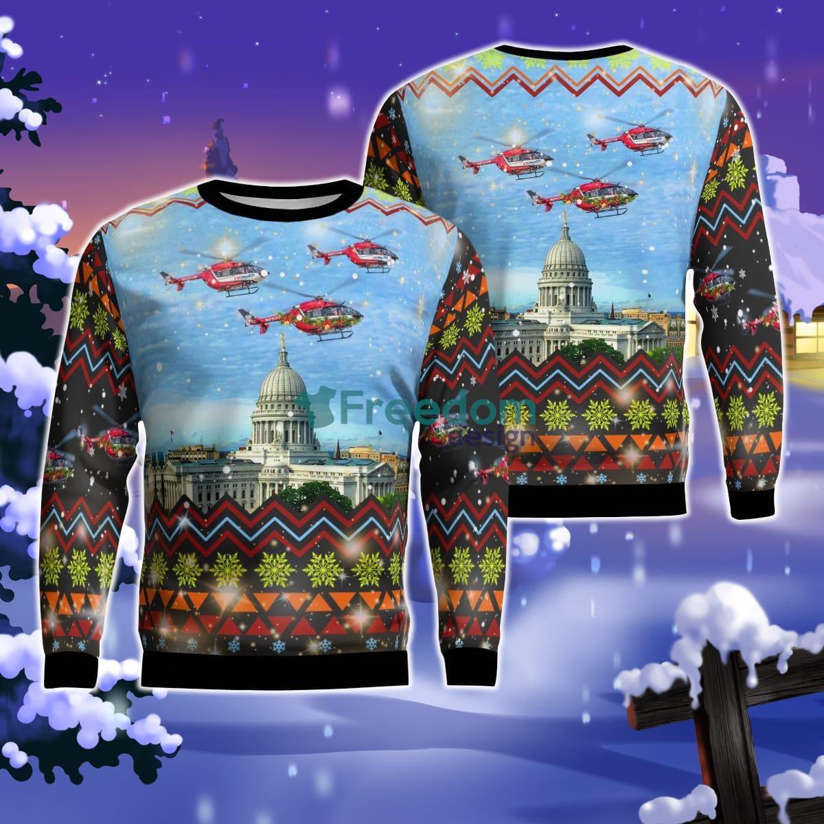 Madison, Wisconsin, UW Med Flight Eurocopter EC 145 Christmas AOP Ugly Sweater For Men Women Product Photo 1