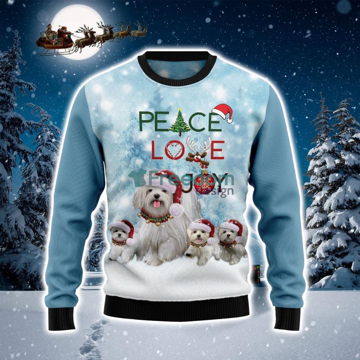 Maltese Peace Love Joy Ugly Christmas Sweater Product Photo 1