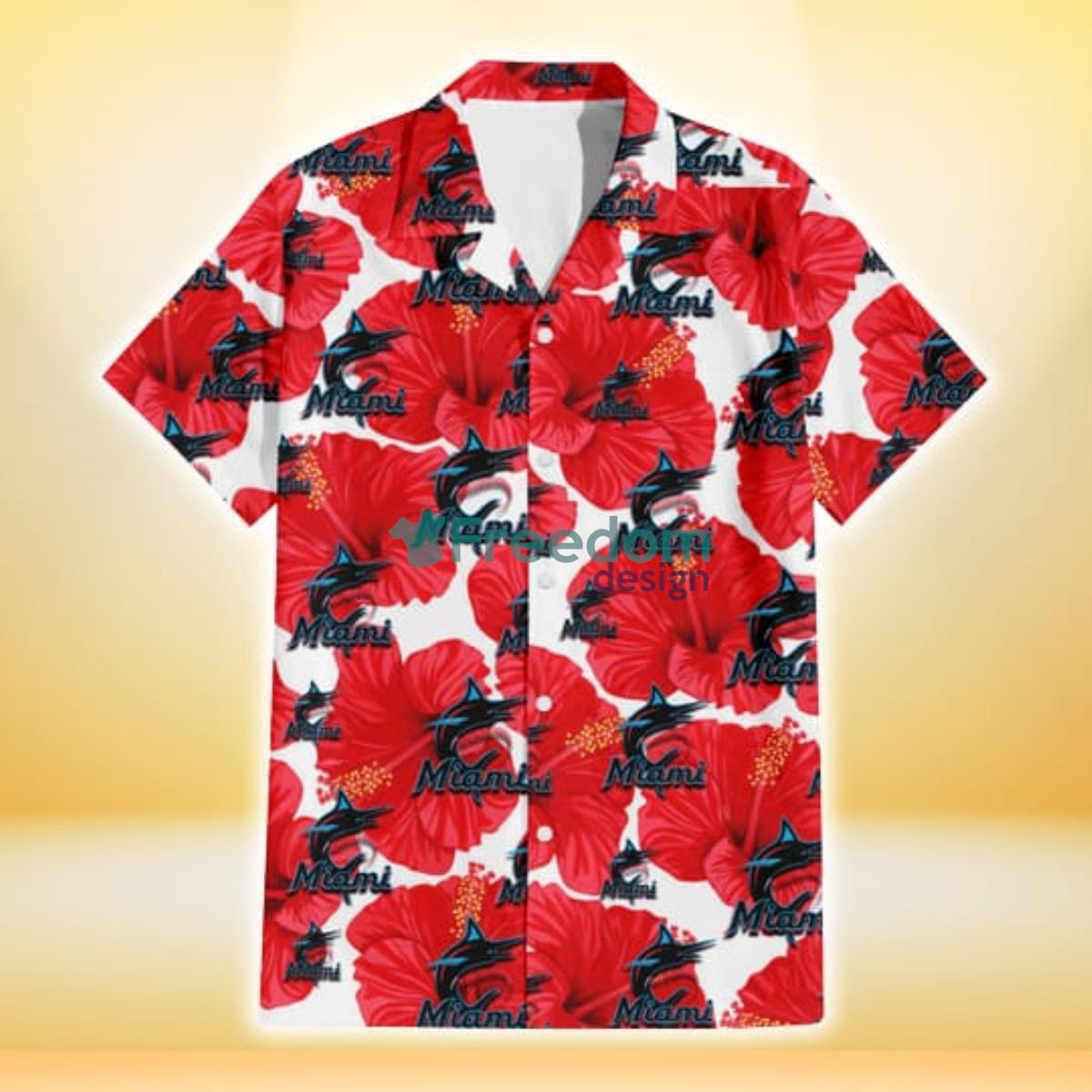 Miami Marlins Big Red Hibiscus White Background 3D Hawaiian Shirt Gift For Fans Product Photo 2