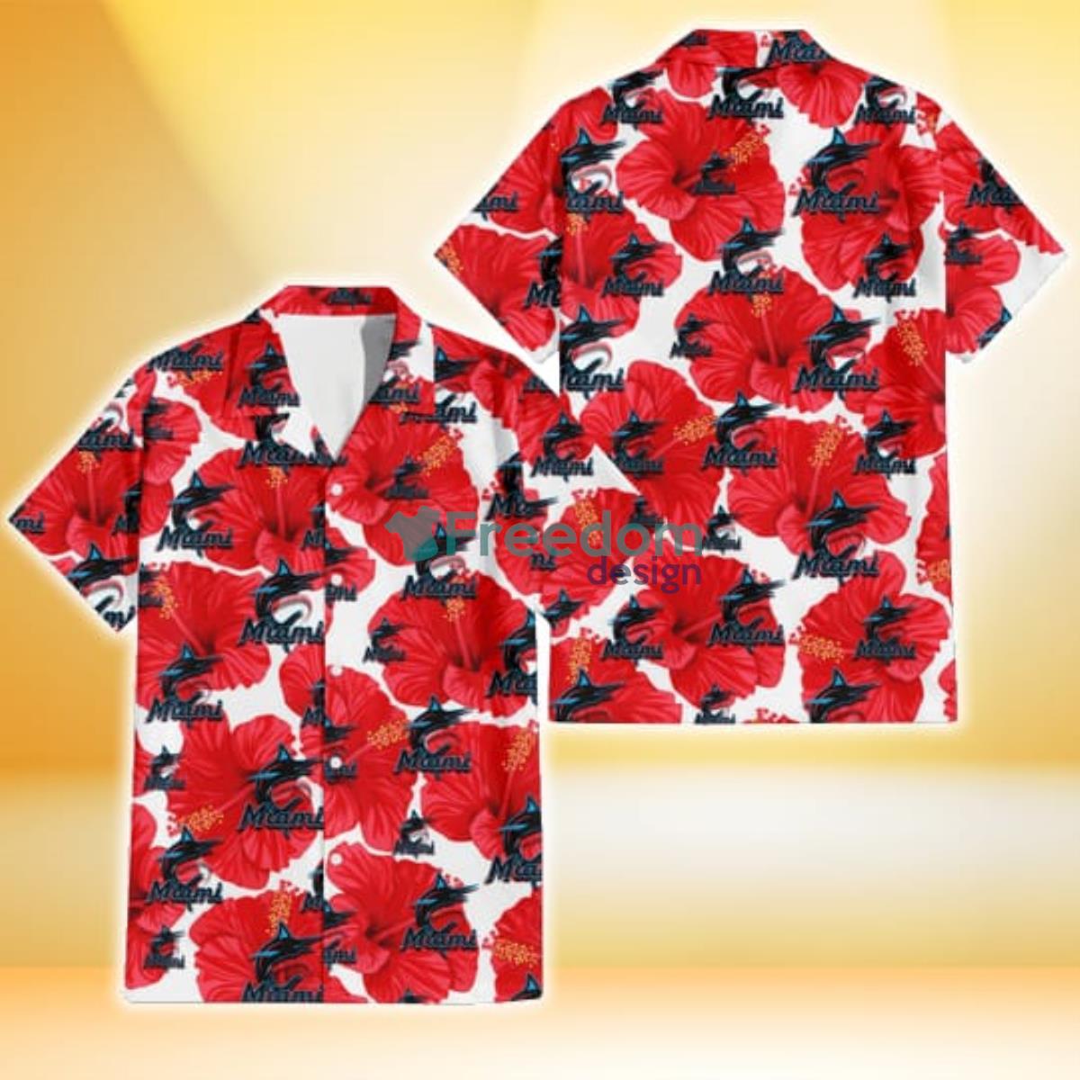 Miami Marlins Big Red Hibiscus White Background 3D Hawaiian Shirt Gift For Fans Product Photo 1