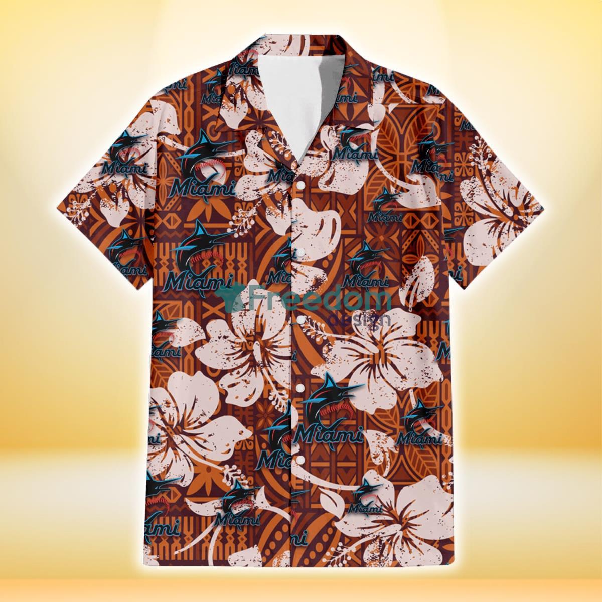 Miami Marlins Bisque Hibiscus Brown Pattern 3D Hawaiian Shirt Gift For Fans Product Photo 2