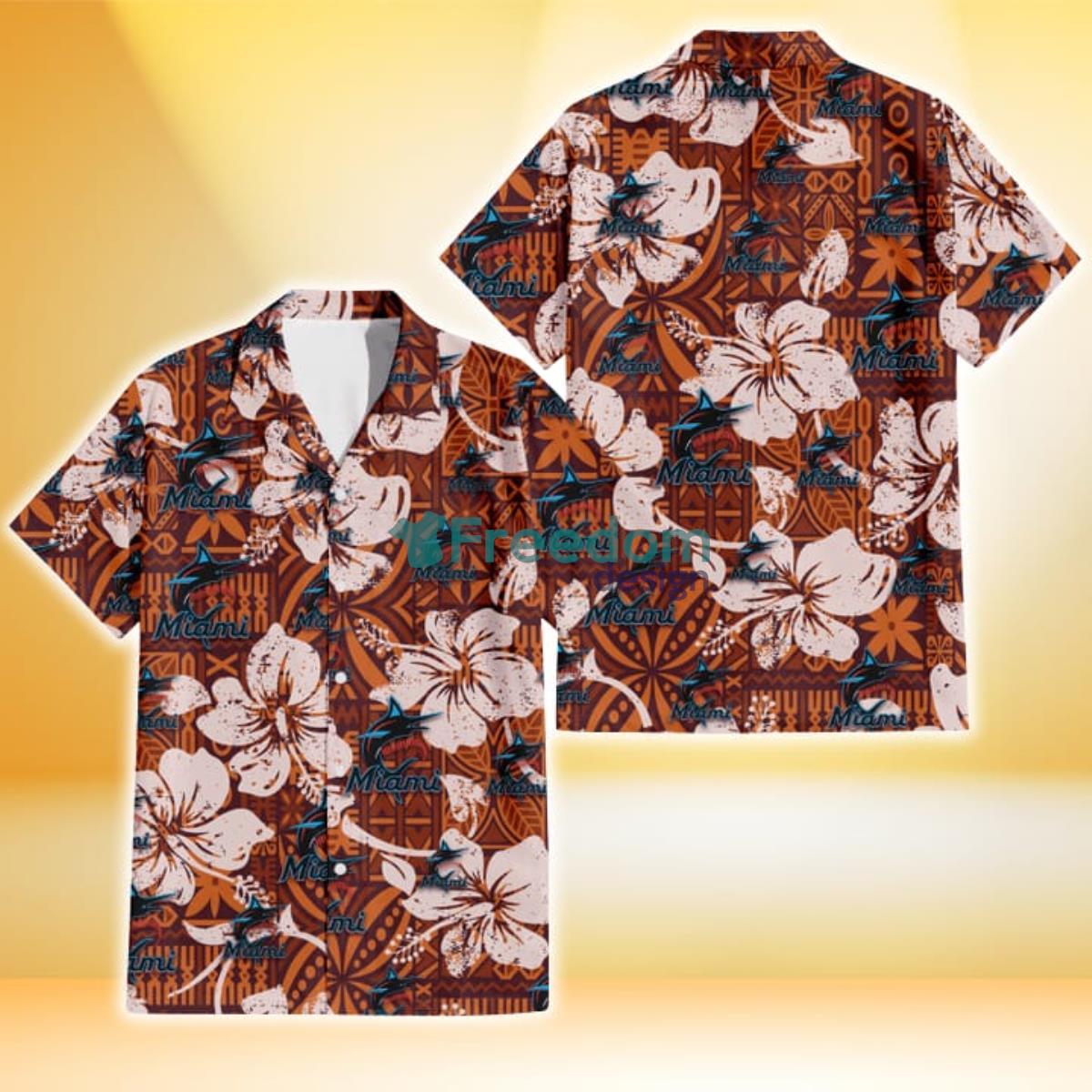 Miami Marlins Bisque Hibiscus Brown Pattern 3D Hawaiian Shirt Gift For Fans Product Photo 1