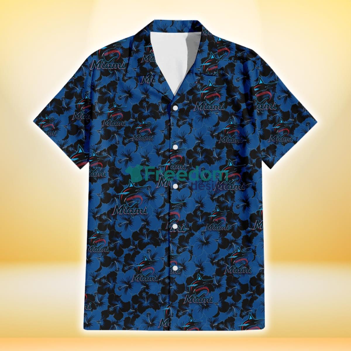 Miami Marlins Black Dark Blue Hibiscus Black Background 3D Hawaiian Shirt Gift For Fans Product Photo 2