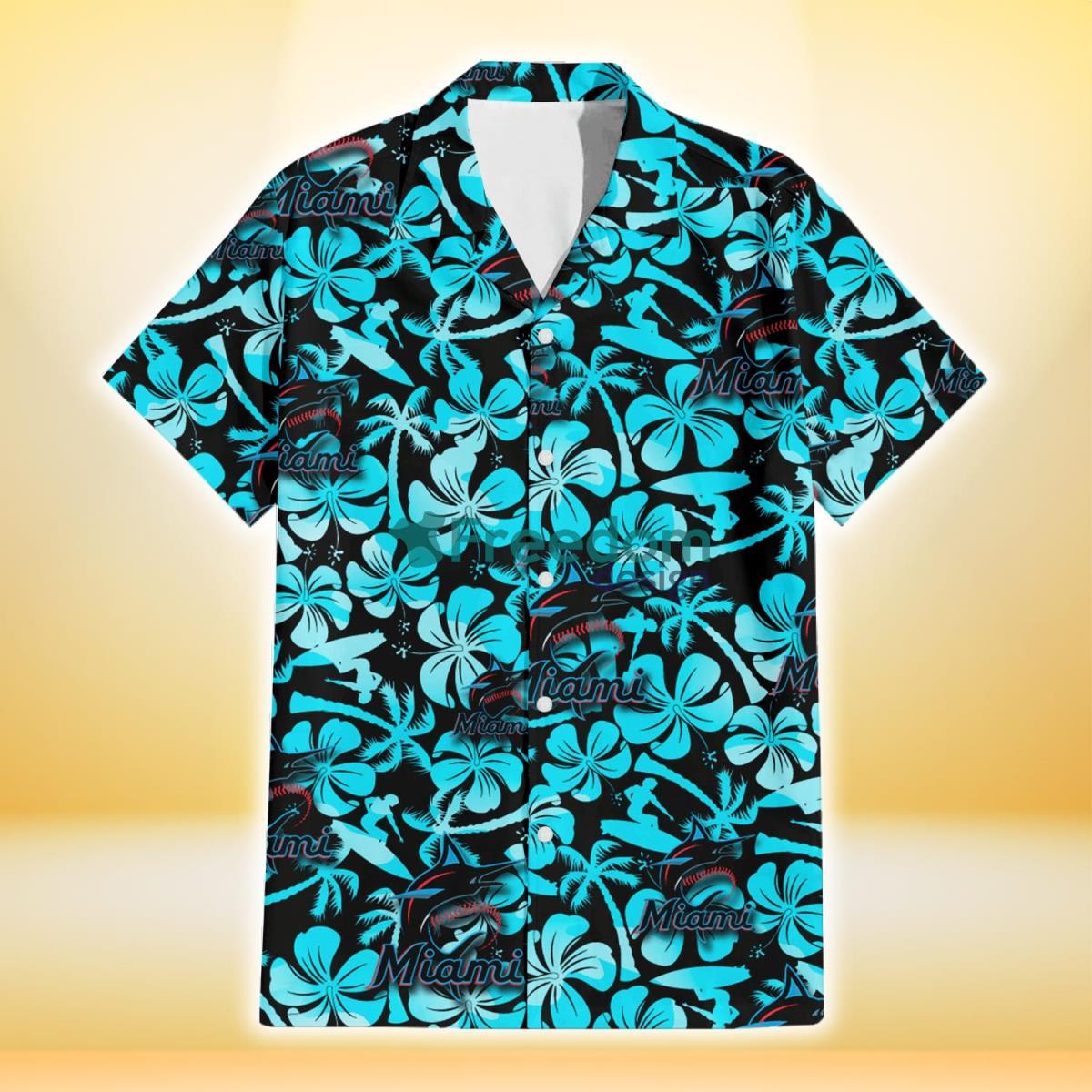 Miami Marlins Blue Hibiscus Blue Coconut Tree Black Background 3D Hawaiian Shirt Gift For Fans Product Photo 2