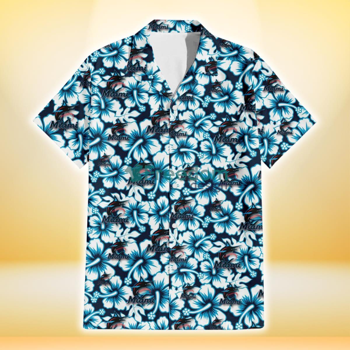 Miami Marlins Blue Line White Hibiscus Black Background 3D Hawaiian Shirt Gift For Fans Product Photo 2