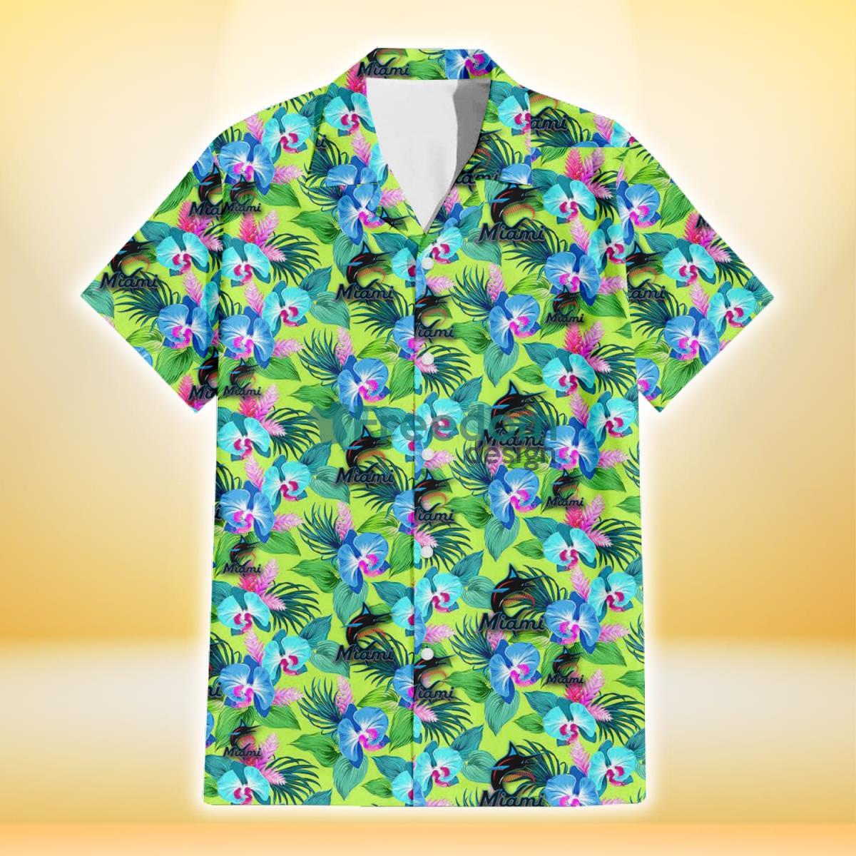 Miami Marlins Blue Orchid Green Pink Leaf Green Background 3D Hawaiian Shirt Gift For Fans Product Photo 2