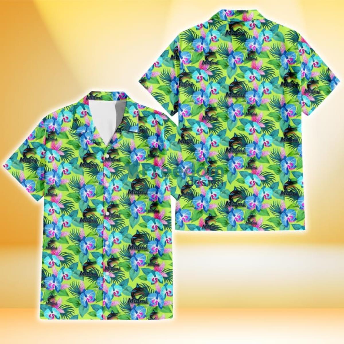 Miami Marlins Blue Orchid Green Pink Leaf Green Background 3D Hawaiian Shirt Gift For Fans Product Photo 1