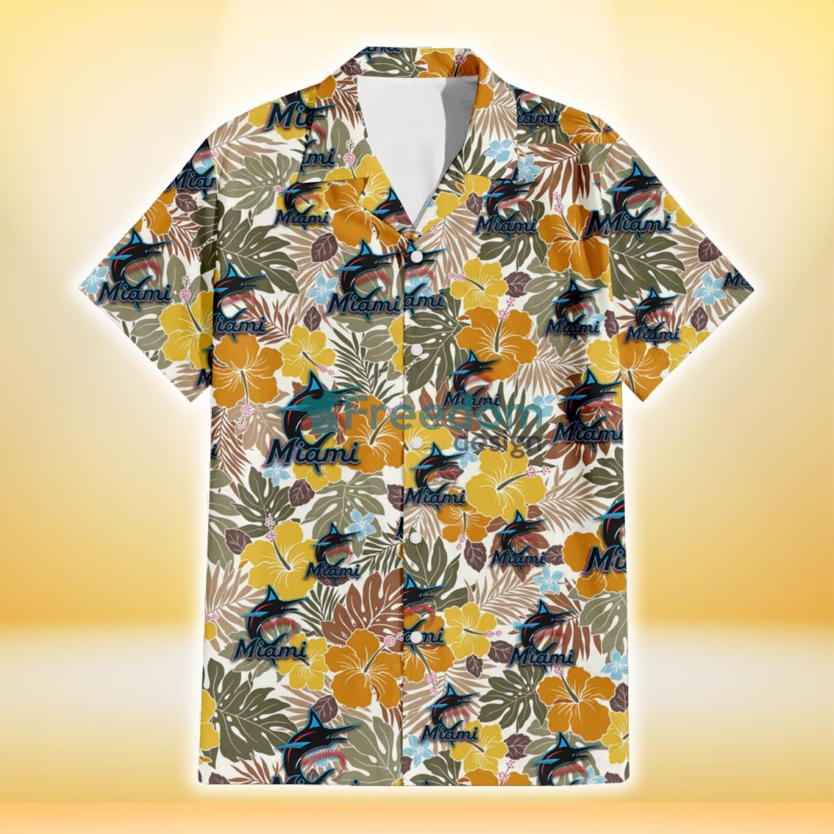 Miami Marlins Brown Yellow Hibiscus White Background 3D Hawaiian Shirt Gift For Fans Product Photo 2