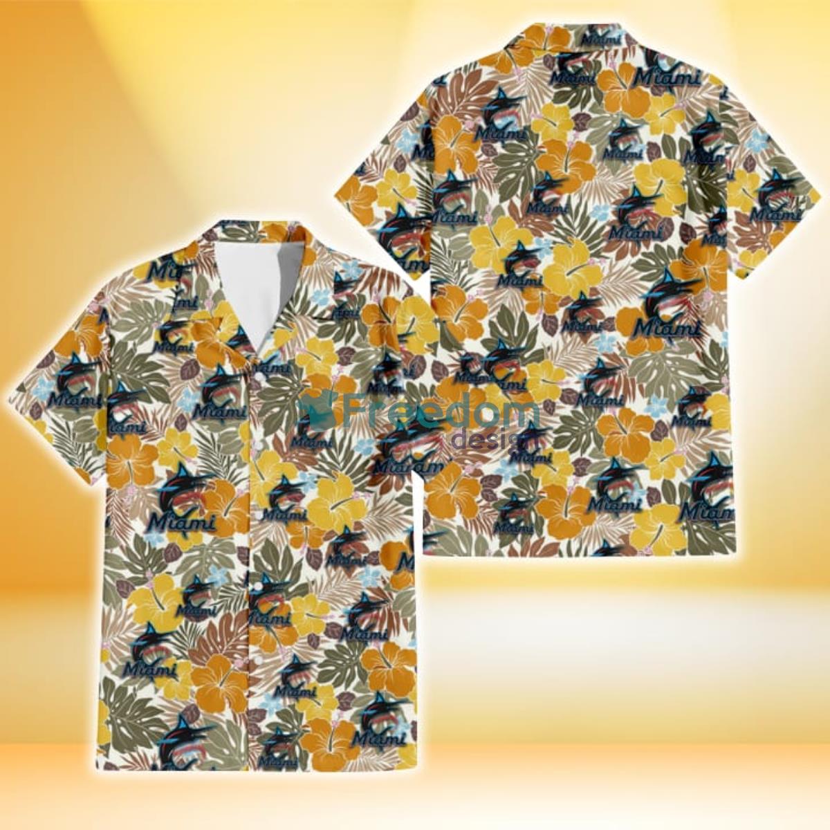 Miami Marlins Brown Yellow Hibiscus White Background 3D Hawaiian Shirt Gift For Fans Product Photo 1