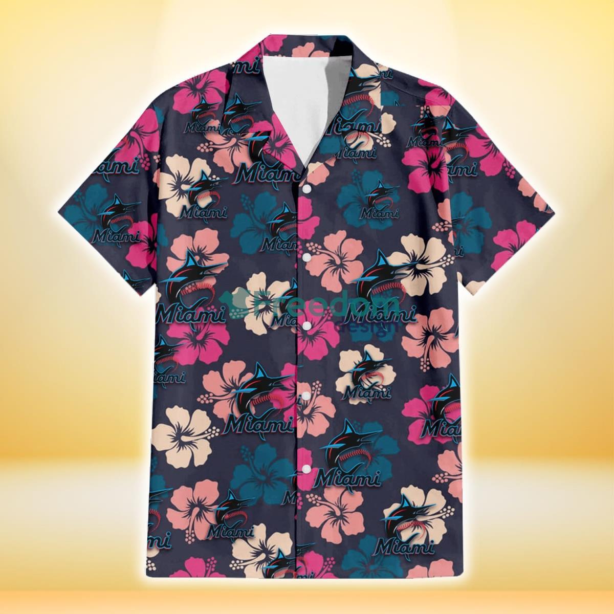 Miami Marlins Colorful Hibiscus Black Background 3D Hawaiian Shirt Gift For Fans Product Photo 2