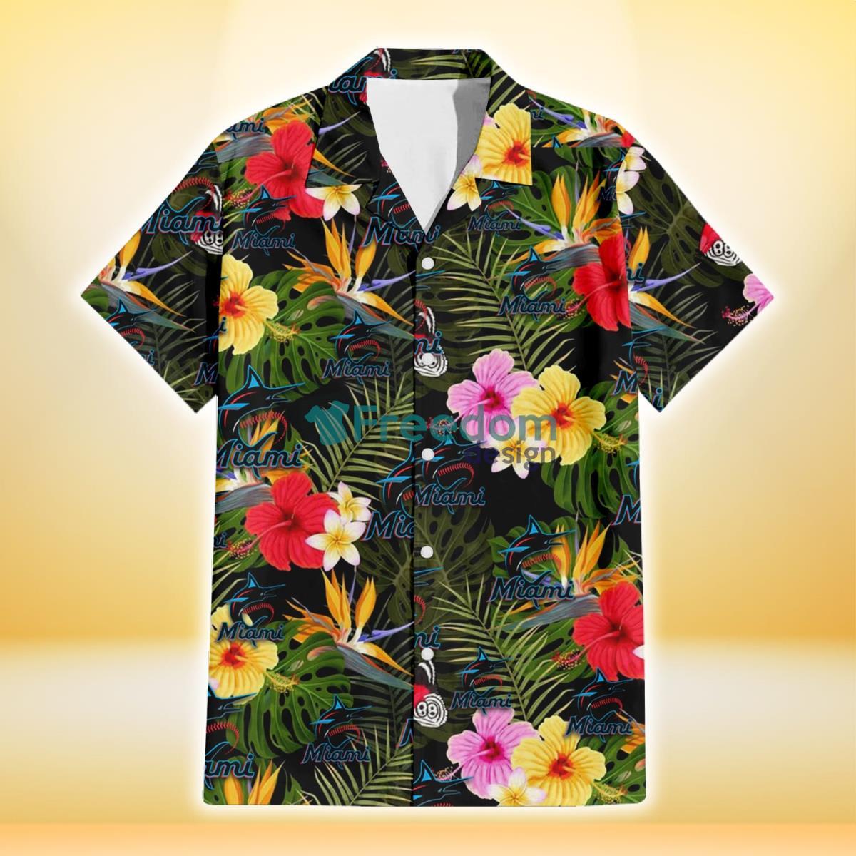 Miami Marlins Colorful Hibiscus Green Leaf Back Background 3D Hawaiian Shirt Gift For Fans Product Photo 2