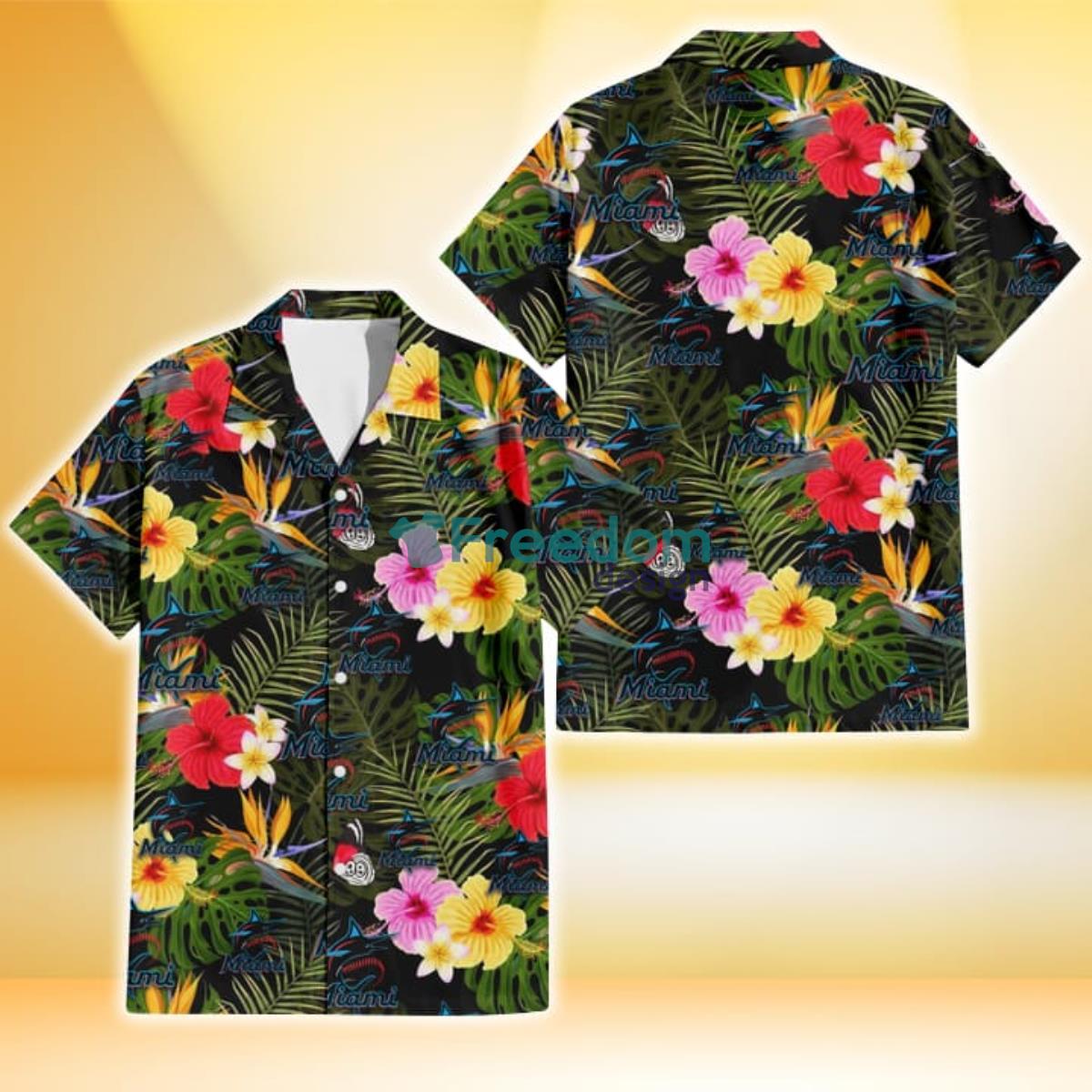 Miami Marlins Colorful Hibiscus Green Leaf Back Background 3D Hawaiian Shirt Gift For Fans Product Photo 1