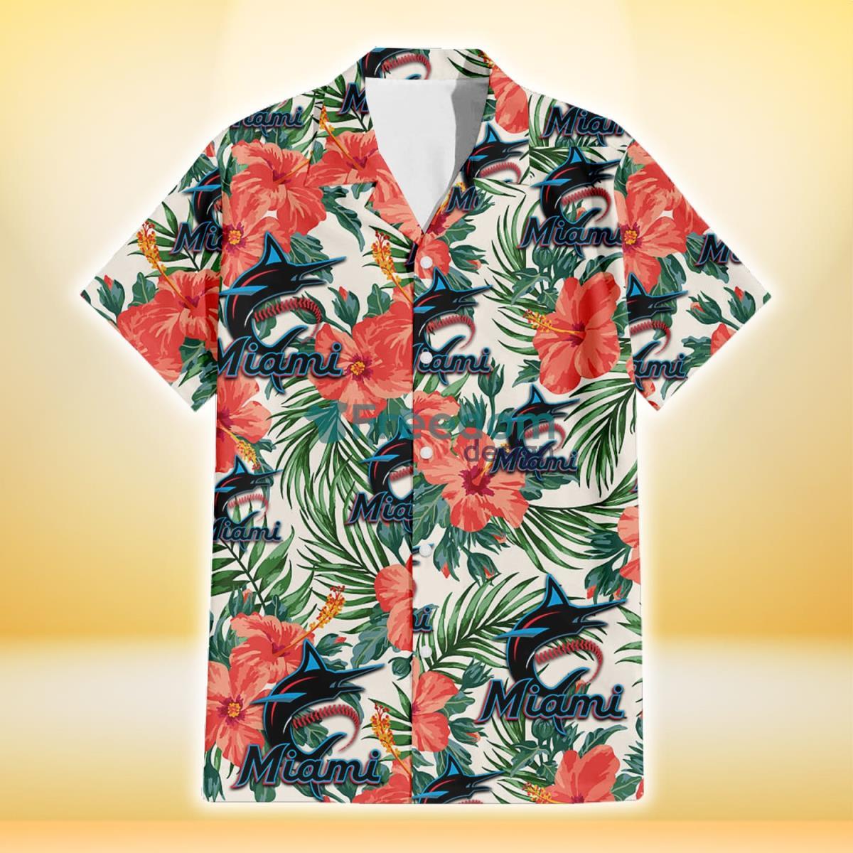 Miami Marlins Coral Hibiscus Green Leaf Beige Background 3D Hawaiian Shirt Gift For Fans Product Photo 2