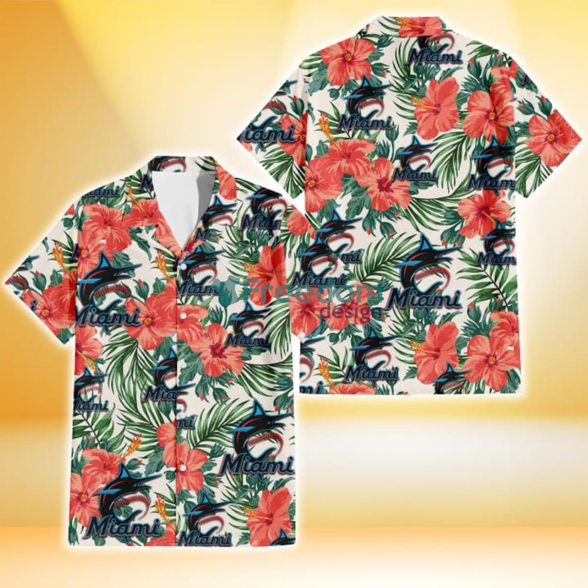 Miami Marlins Coral Hibiscus Green Leaf Beige Background 3D Hawaiian Shirt Gift For Fans Product Photo 1