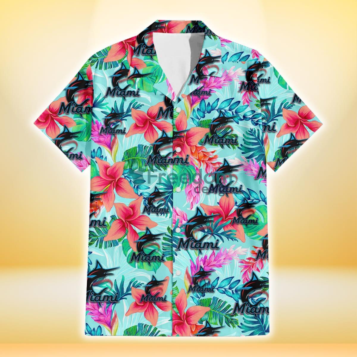 Miami Marlins Coral Porcelain Flower Violet Orchid Light Blue Background 3D Hawaiian Shirt Gift For Fans Product Photo 2