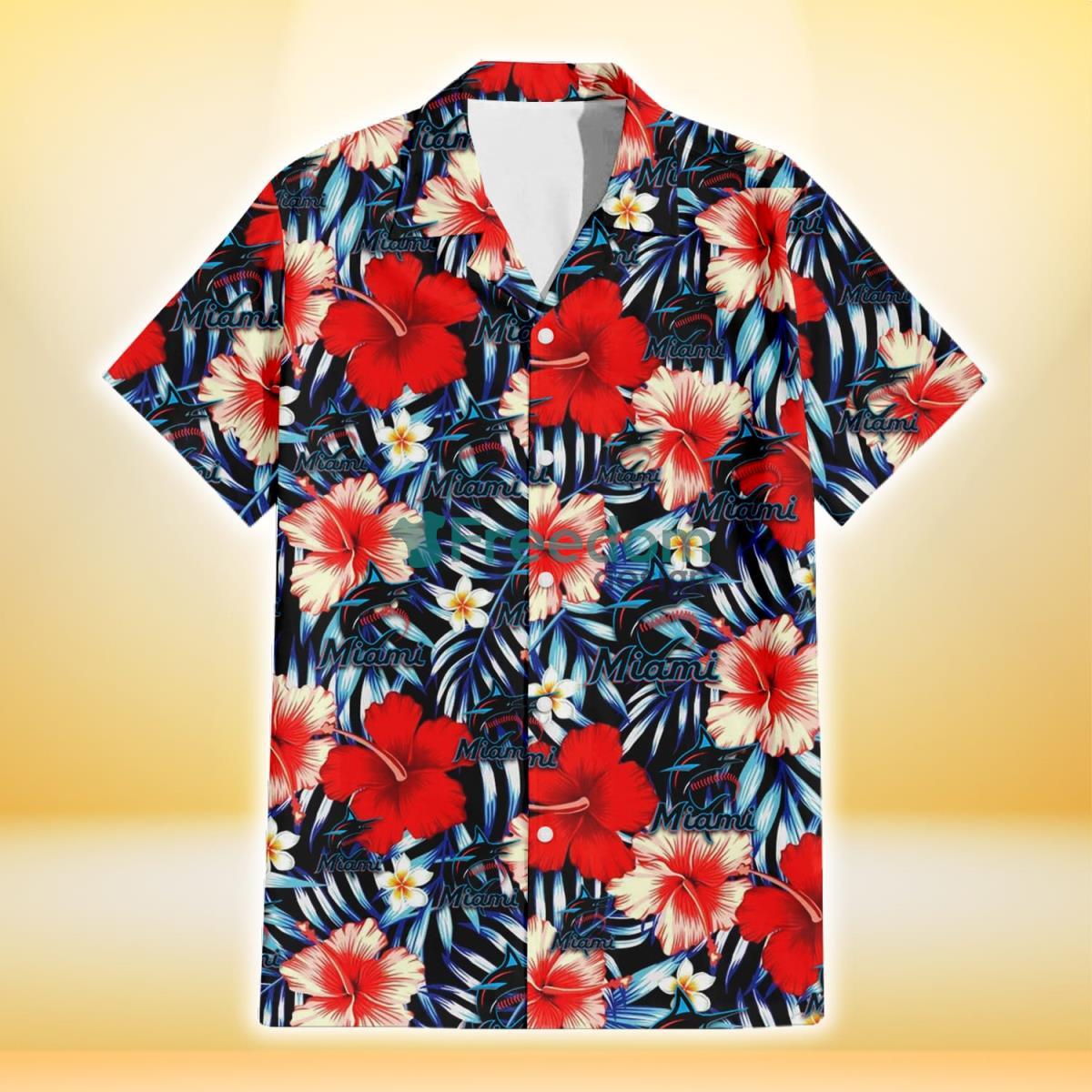 Miami Marlins Coral Red Hibiscus Blue Palm Leaf Black Background 3D Hawaiian Shirt Gift For Fans Product Photo 2