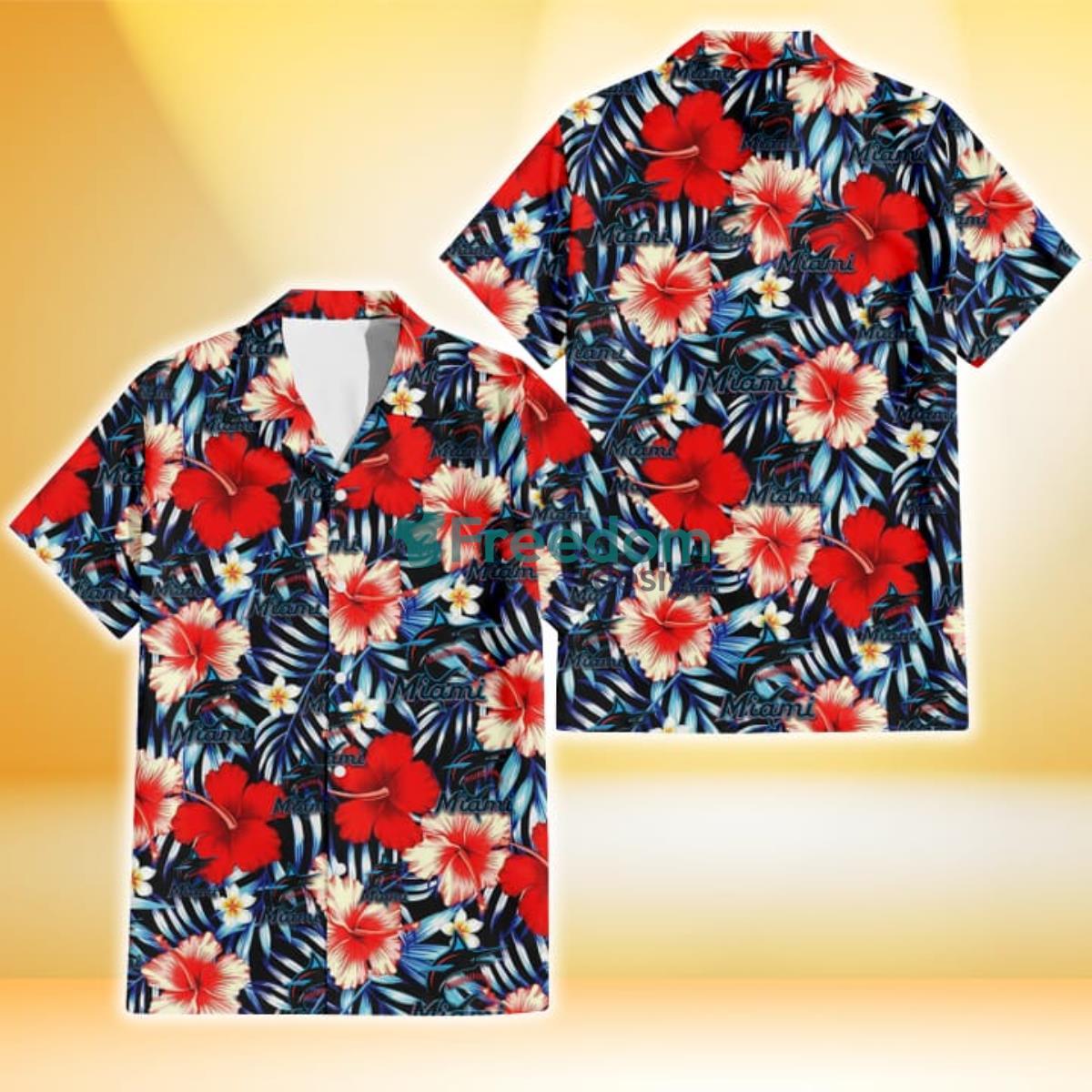 Miami Marlins Coral Red Hibiscus Blue Palm Leaf Black Background 3D Hawaiian Shirt Gift For Fans Product Photo 1