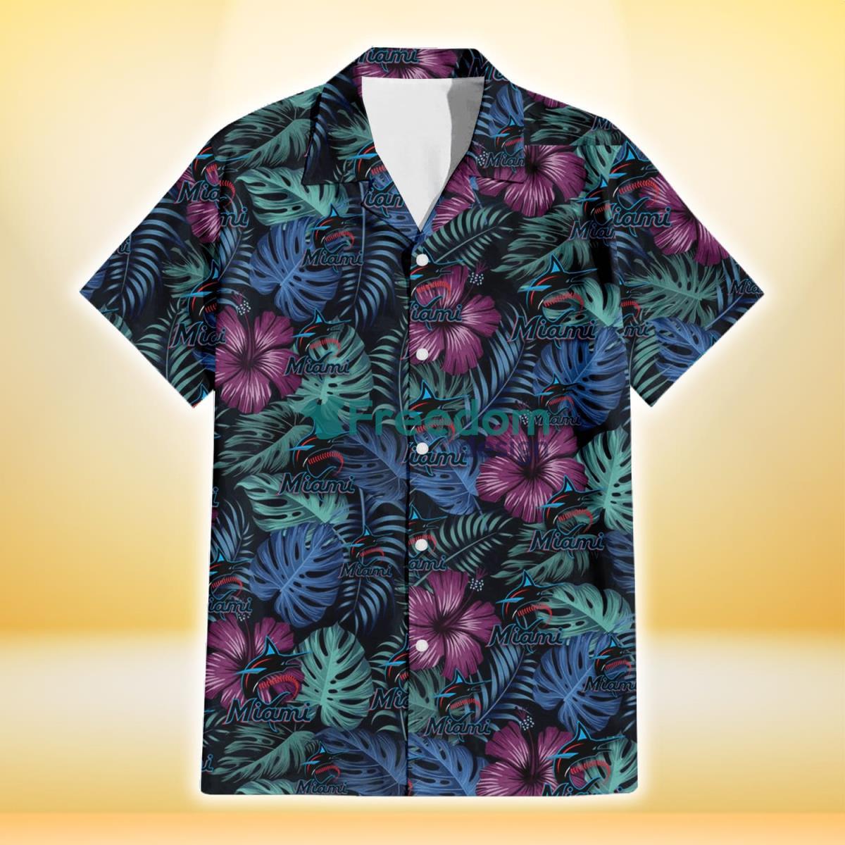 Miami Marlins Dark Magenta Green Leaf Black Background 3D Hawaiian Shirt Gift For Fans Product Photo 2