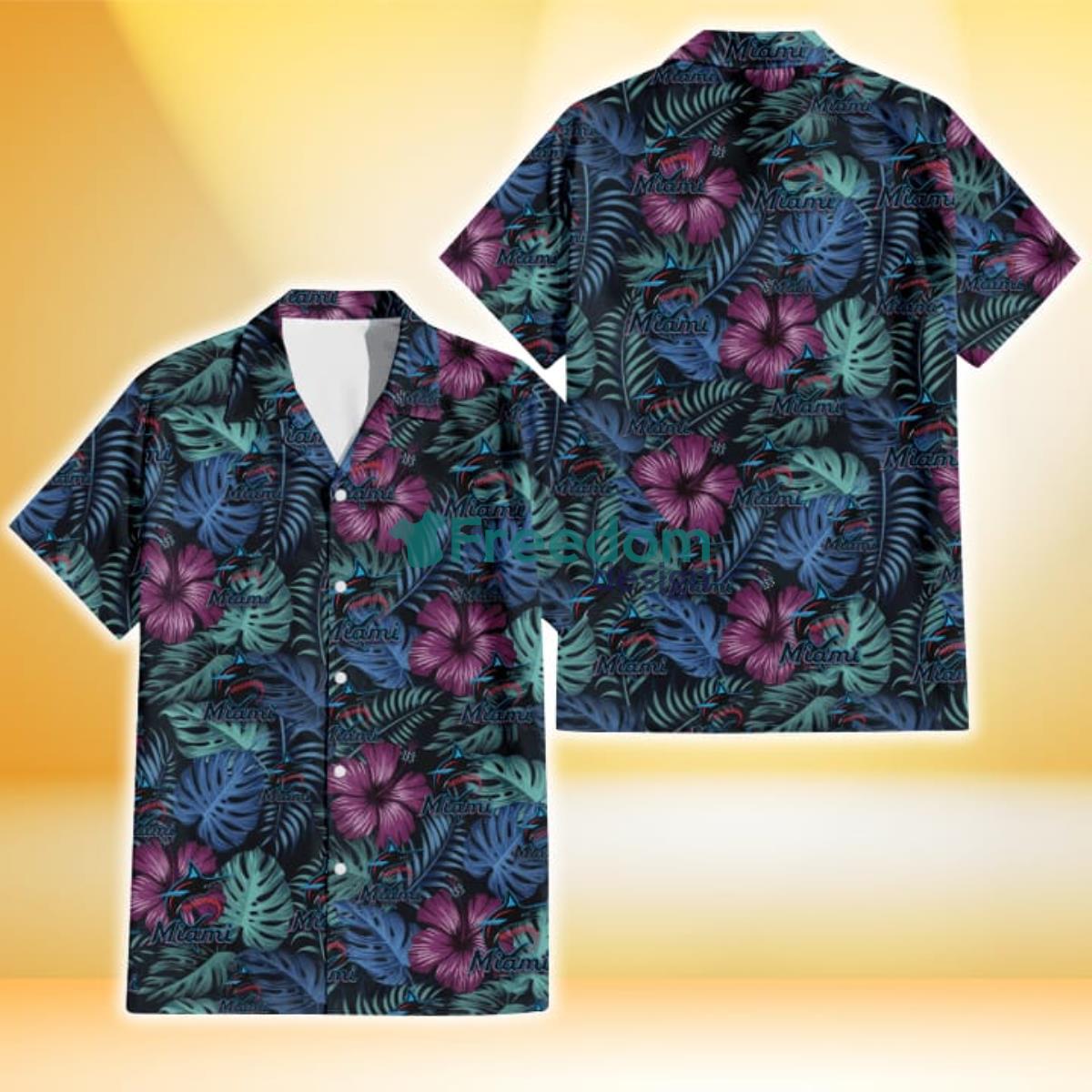 Miami Marlins Dark Magenta Green Leaf Black Background 3D Hawaiian Shirt Gift For Fans Product Photo 1