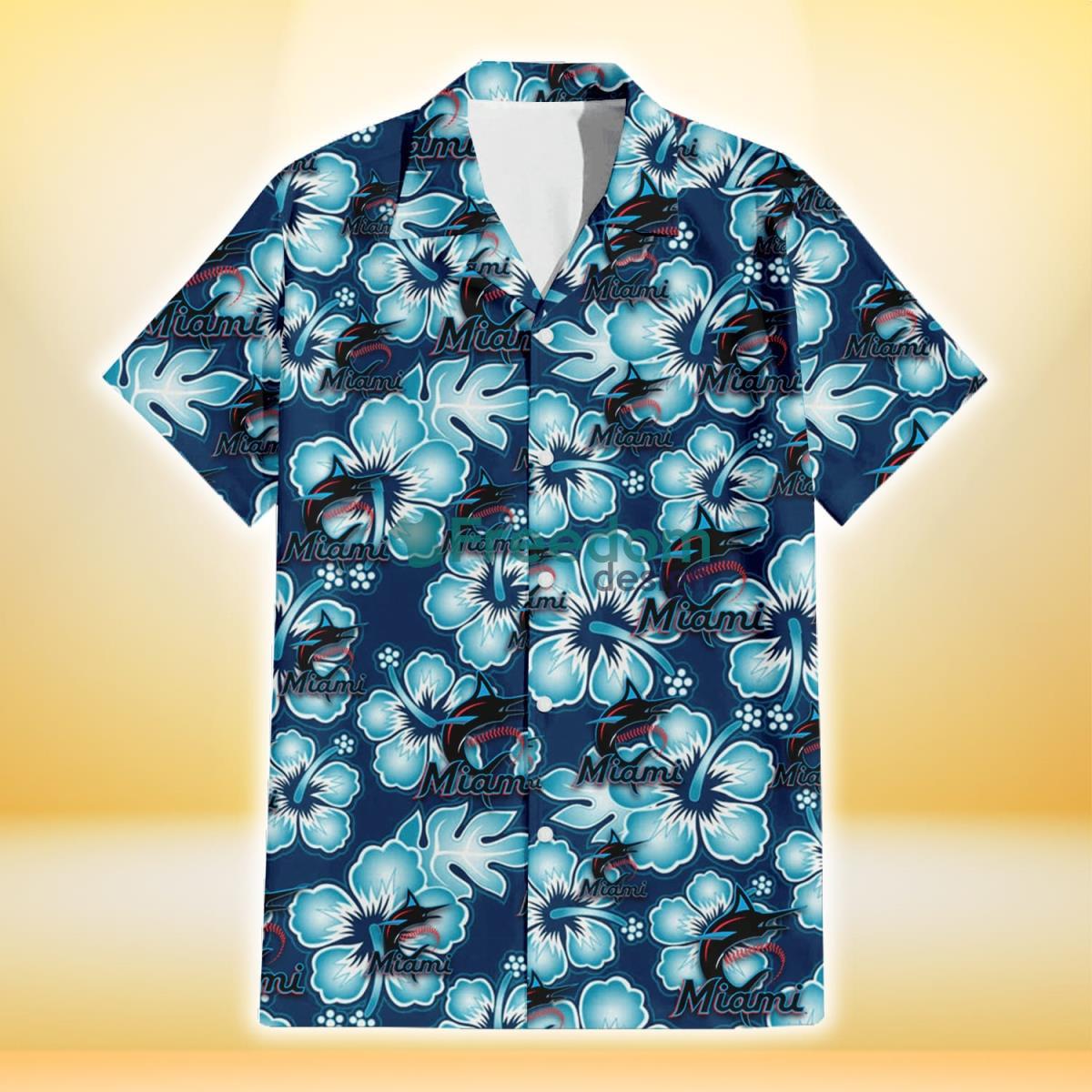 Miami Marlins Dark Turquoise Hibiscus Navy Background 3D Hawaiian Shirt Gift For Fans Product Photo 2