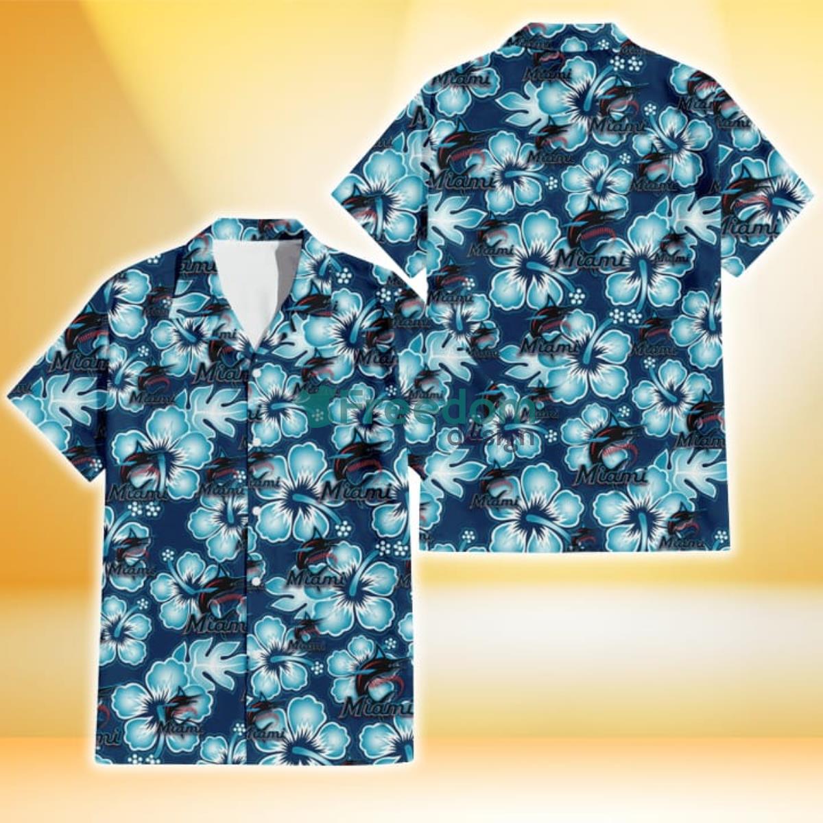 Miami Marlins Dark Turquoise Hibiscus Navy Background 3D Hawaiian Shirt Gift For Fans Product Photo 1