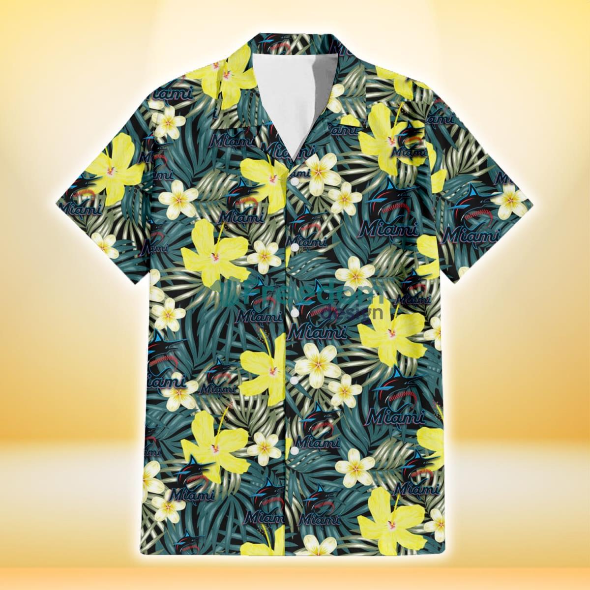 Miami Marlins Hibiscus Green Palm Leaf Black Background 3D Hawaiian Shirt Gift For Fans Product Photo 2