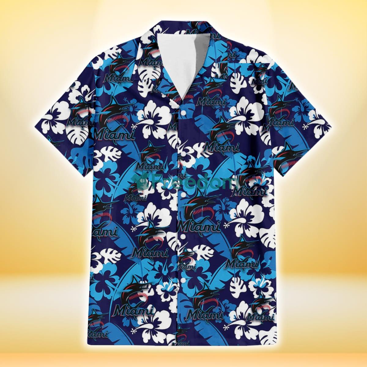 Miami Marlins Light Blue Hibiscus Banana Leaf Navy Background 3D Hawaiian Shirt Gift For Fans Product Photo 2