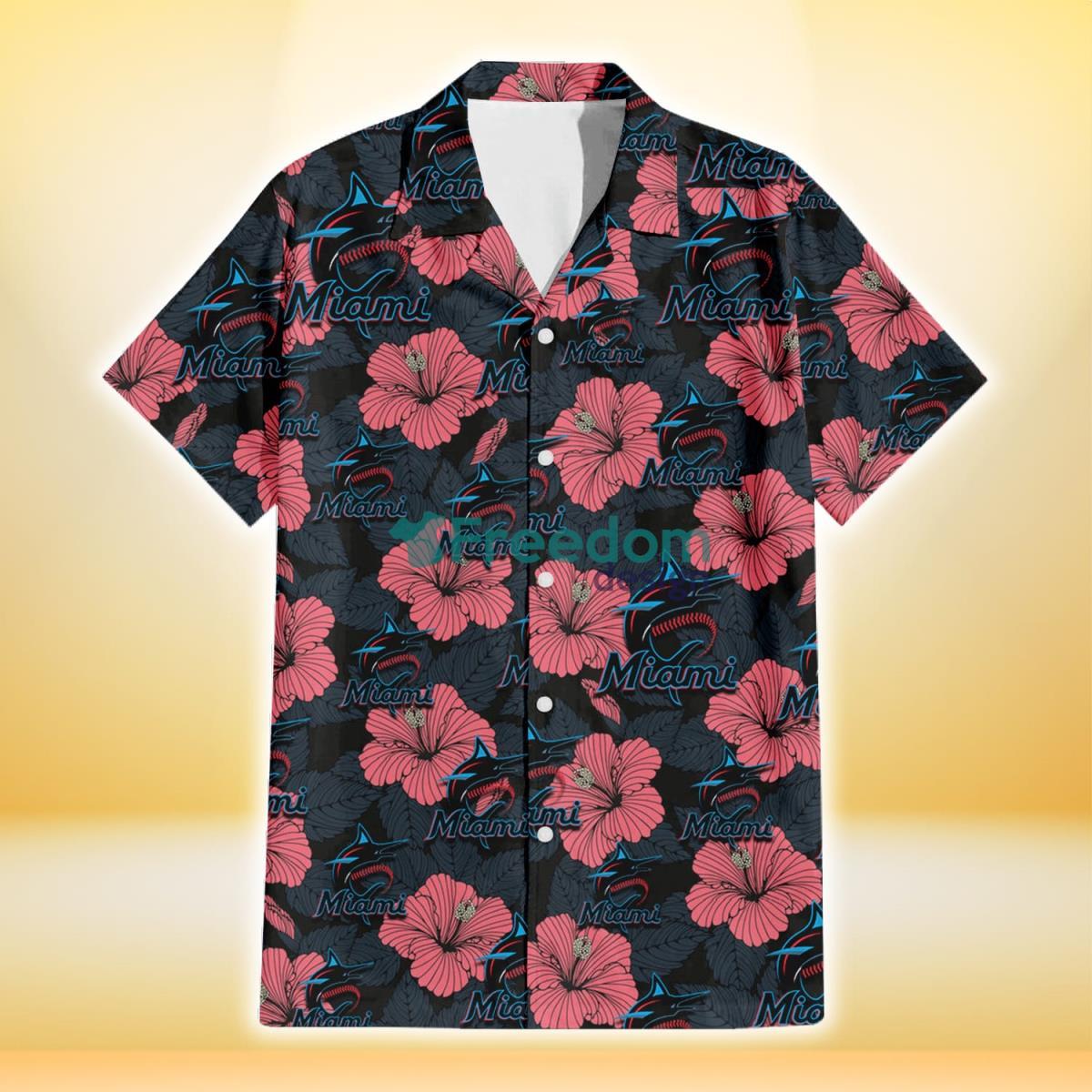 Miami Marlins Light Coral Hibiscus Gray Leaf Black Background 3D Hawaiian Shirt Gift For Fans Product Photo 2