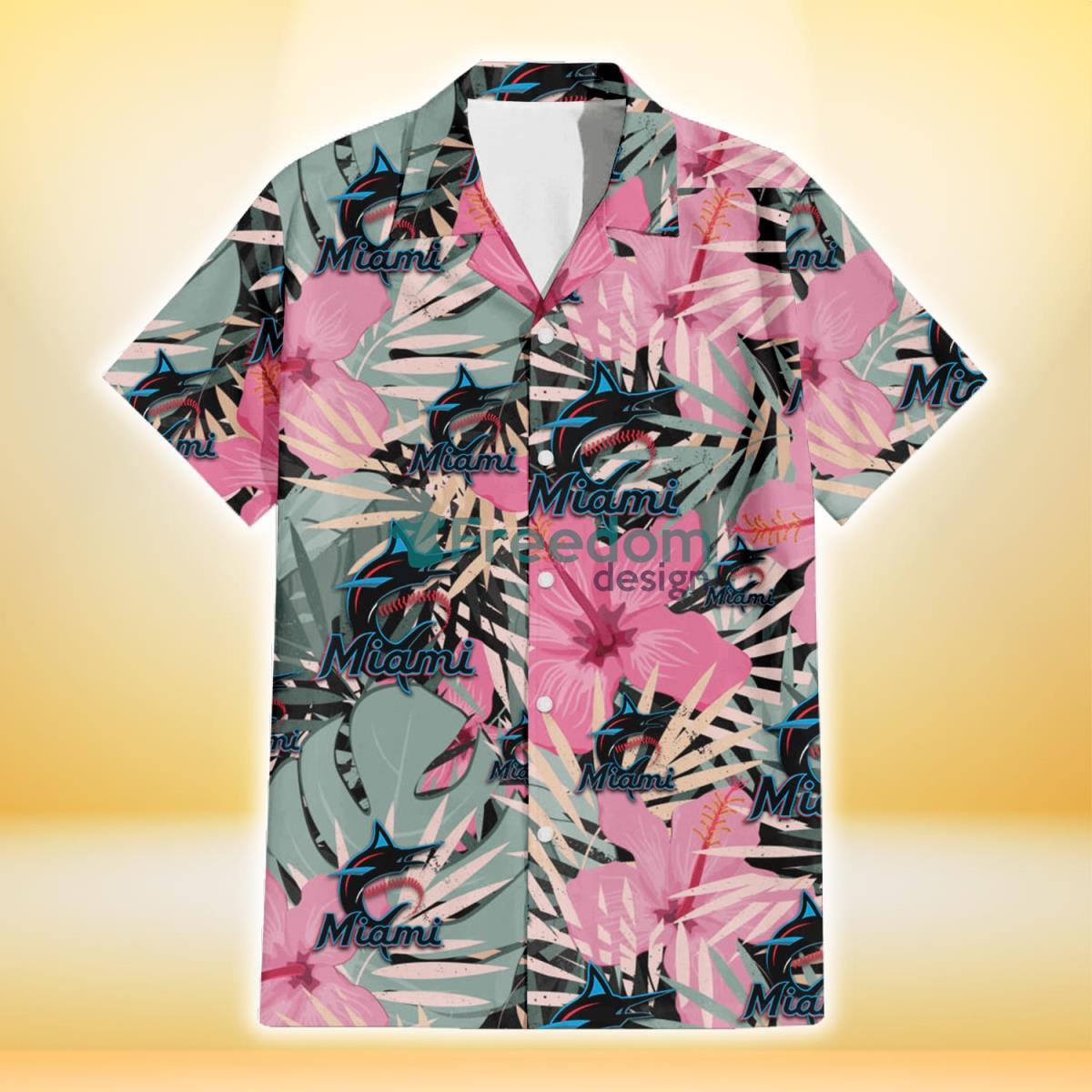 Miami Marlins Light Pink Hibiscus Pale Green Leaf Black Background 3D Hawaiian Shirt Gift For Fans Product Photo 2