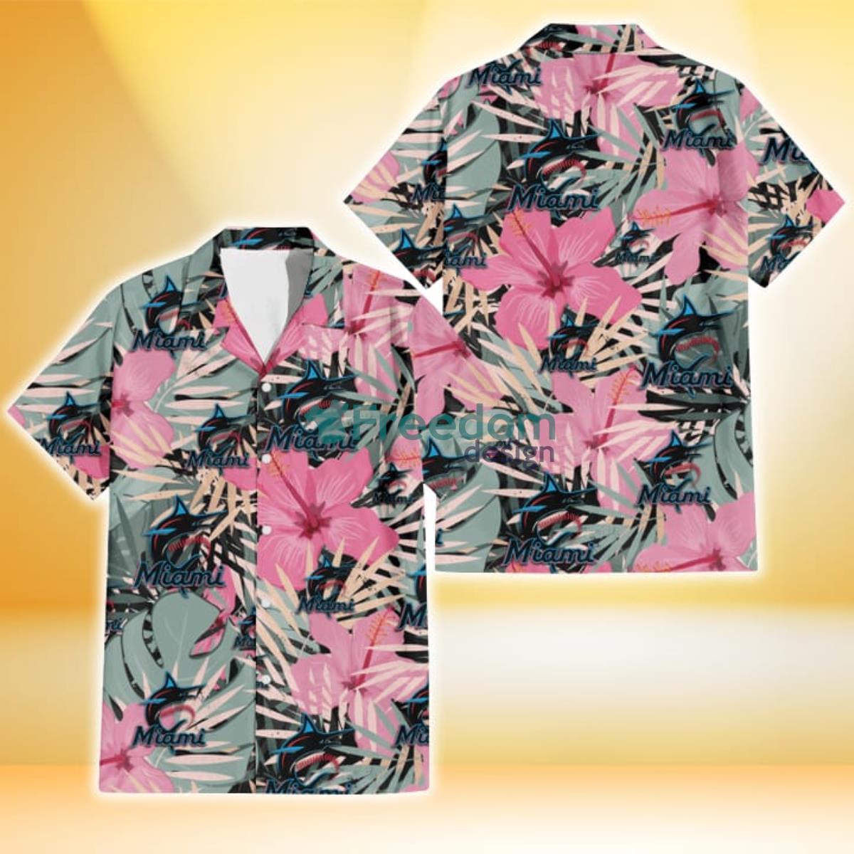 Miami Marlins Light Pink Hibiscus Pale Green Leaf Black Background 3D Hawaiian Shirt Gift For Fans Product Photo 1