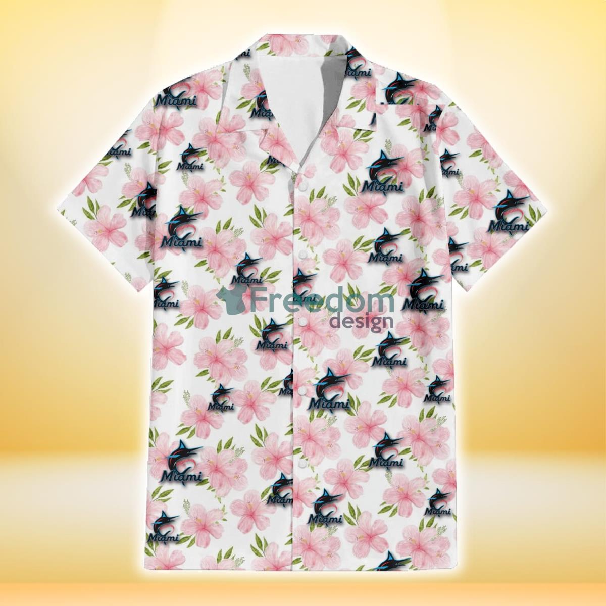 Miami Marlins Light Pink Hibiscus White Background 3D Hawaiian Shirt Gift For Fans Product Photo 2