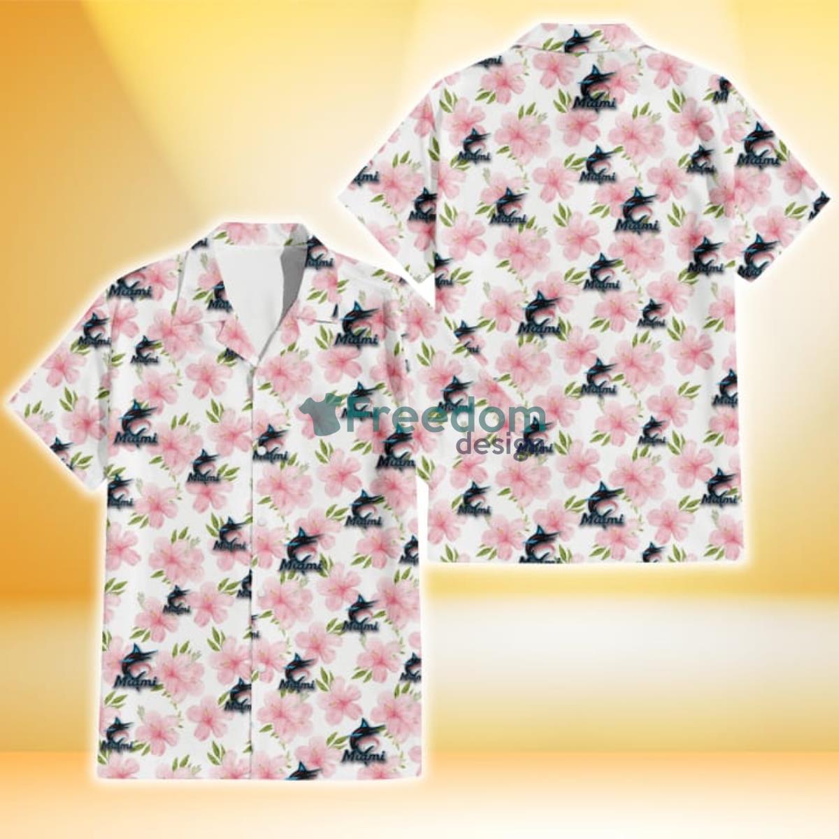 Miami Marlins Light Pink Hibiscus White Background 3D Hawaiian Shirt Gift For Fans Product Photo 1